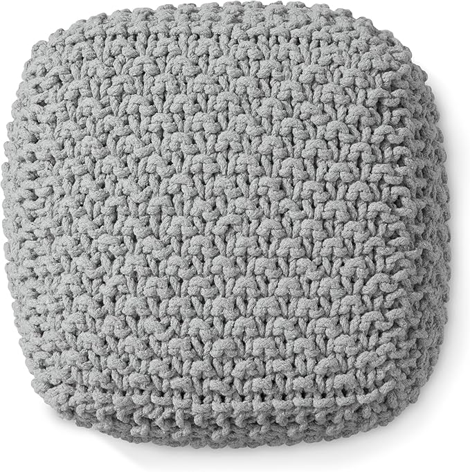 Casafield Square Pouf Ottoman, Light Gray 18.5" W x 18.5" D x 14.5" H Cotton Knit Foot Stool - Boho Floor Pouffe for Living Room, Bedroom, Home Office