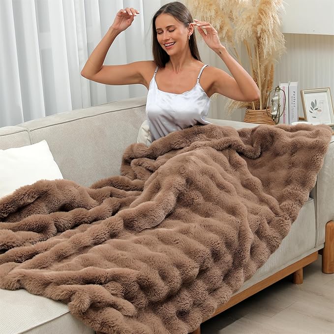 RYNGHIPY Faux Rabbit Fur Throw Blanket Ruched Plush Fuzzy Blanket for Couch Bed Sofa Heavy Warm Comfy Throws for Living Room Bedroom Machine Washable (Solid Brown, 63''x79'')