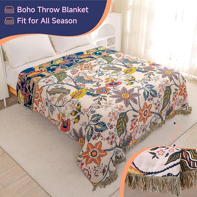 Boho Large Throw Blanket for Bed -100% Cotton Colorful Bed Throw, Ultra Soft Farmhouse Decor Bedding,80" x 90" Travel Blanket Rustic Throw for Picnic Sofa Couch Chair White&Blue
