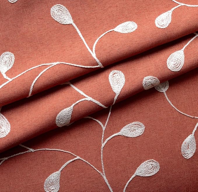 MIUCO Floral Embroidered Semi Sheer Curtains Faux Linen Grommet Window Curtains for Girls Room 52 x 63 Inch 2 Panels, Rust