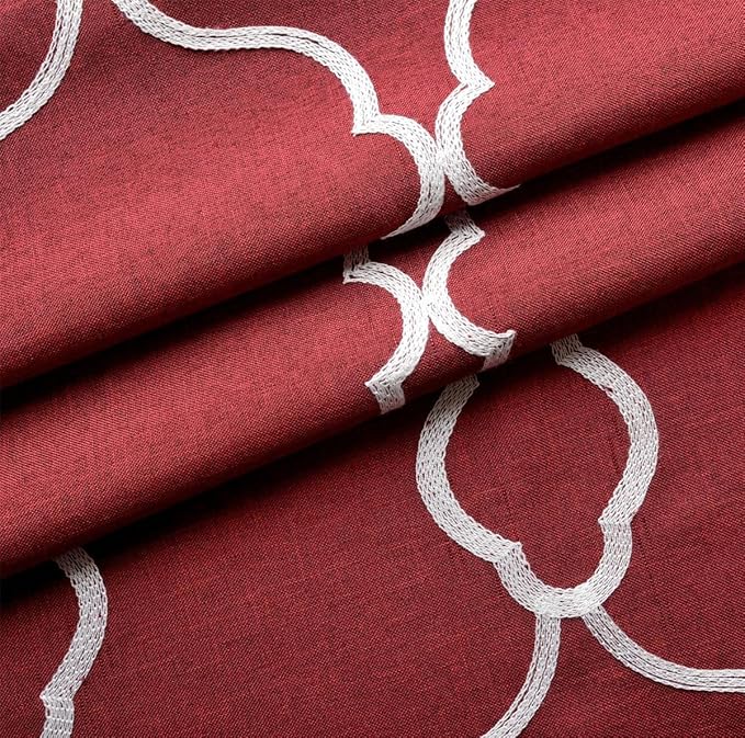 MIUCO Moroccan Embroidered Semi Sheer Curtains Faux Linen Grommet Curtains for Living Room 52 x 63 Inch 2 Panels, Burgundy