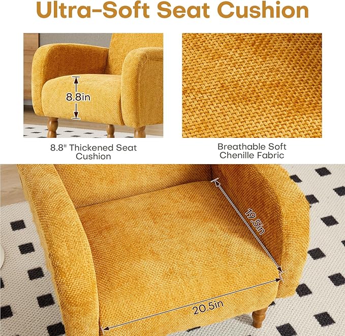 Chenille Fabric Accent Chairs Set of 2, Upholstered Armchair with Solid Wood Legs, Modern Living Room Accent Chair, Comfy Single Sofa Reading Club Chair for Bedroom Reception Lounge, Yellow