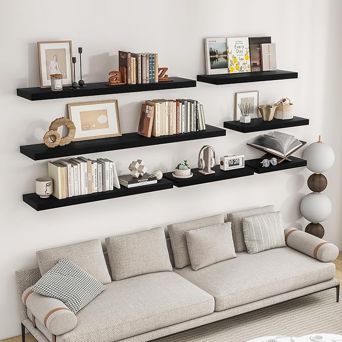 RICHFOCUS 48Inch Floating Shelves for Wall 2 Pack Shelves for Bedroom|Kitchen|Bathroom Wall Mounted Rustic Wood Floating Shelf with Invisible Brackets for Books|Storage|Decor, Black