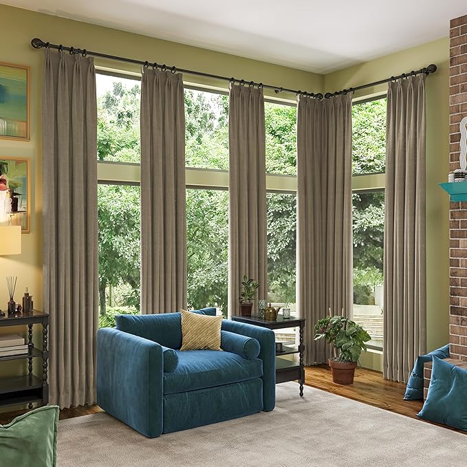 RAIN CITY Linen Brown Extra Long Blackout Curtains 108 Inch Long 9ft, Back Tab Pleated Look Linen Blended Textured Curtains with Hooks for Living Room Track System(W50xL108 in Length,Linen)