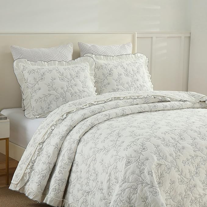 MarCielo 3-Piece 100% Cotton Bedspread Lightweight Quilt Coverlet Embroidery Farmhouse Bedding Set (Floral,King (106" X 98"))