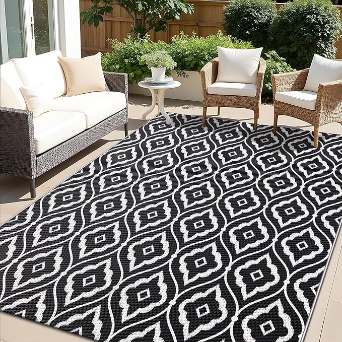 OLANLY Outdoor Rug 6x9 ft Waterproof, Outdoor Plastic Straw Rug with Geometric Pattern Clearance, Reversible RV Mat for Patio, Camping, Balcony, Deck, Backyard, Black & White