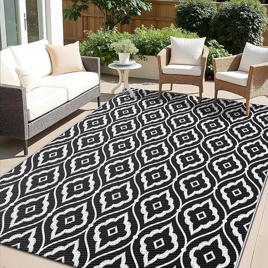 OLANLY Outdoor Rug 9x12 ft Waterproof, Outdoor Plastic Straw Rug with Geometric Pattern Clearance, Reversible RV Mat for Patio, Camping, Balcony, Deck, Backyard, Black & White