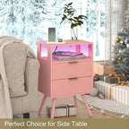 Pink Nightstand with Charging Station and LED Lights,Modern Bedside Table with 2 Storage Drawer and Open Wood Shelf, for Bedroom and Small Spaces,Night Stand with Solid Wood Legs,Pink