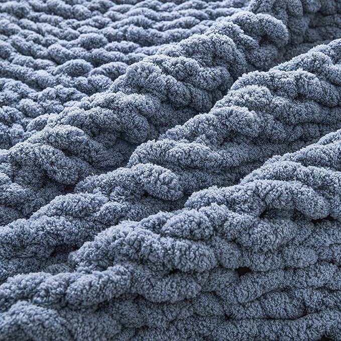 WESHIONGOO Chunky Knit Blanket Throw 40"×40" Knitted Throw Blankets for Couch Bed Fluffy Soft Blanket with Jumbo Chenille Yarn Thick 100% Handmade (Dusty Blue)