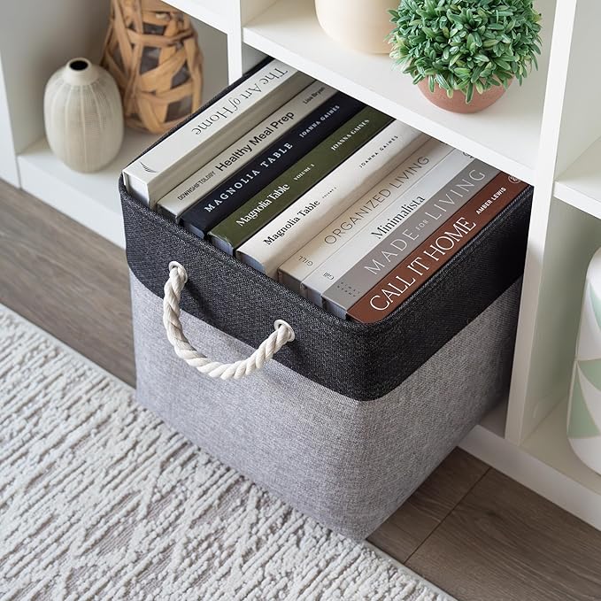 OrganiHaus 12x12 Cube Storage Bins 4 Pack, Foldable Cube Storage Organizer w/ Rope Handles, Collapsible Fabric Bins for Toys, Clothes & Closet Organization, Fabric Square Baskets - Gray/Black