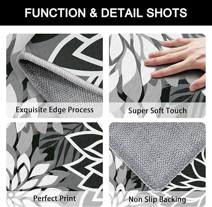 Area Rug 3x5 Black White Washable Entry Rug Multicolored Tropical Botanical Modern Floral Indoor Kitchen Door Mat Entrance Carpet Non Slip for Bedroom Living Room, Porch