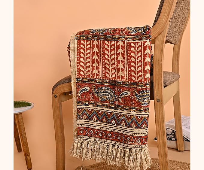 Handmade Cotton Floral Throw Blanket | Indian Block Print with Tassels | Boho Fringed Sofa & Bed Cover | 48x70 Inches Lightweight Decorative Throw for Couch, Living Room & Bedroom