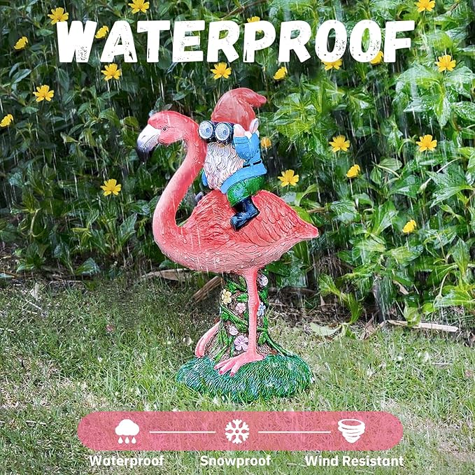 Solar Flamingo Gnome Garden Decor Statue, Outdoor Funny Solar Light Decoration for Yard, Patio, Lawn, Unique Housewarming, Birthday Gift for Women, Mom, Grandma