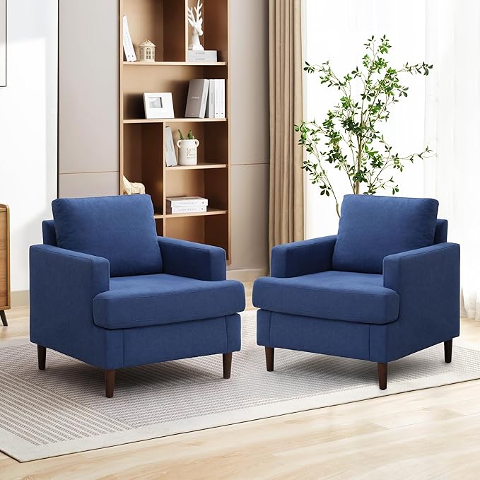 Mid-Century Accent Chair,Modern Linen Fabric Armchair for Living Room,Comfy Upholstered Reading Accent Chairs for Bedroom,Single Sofa Chair with Wood Legs (Blue, 2 Pack)