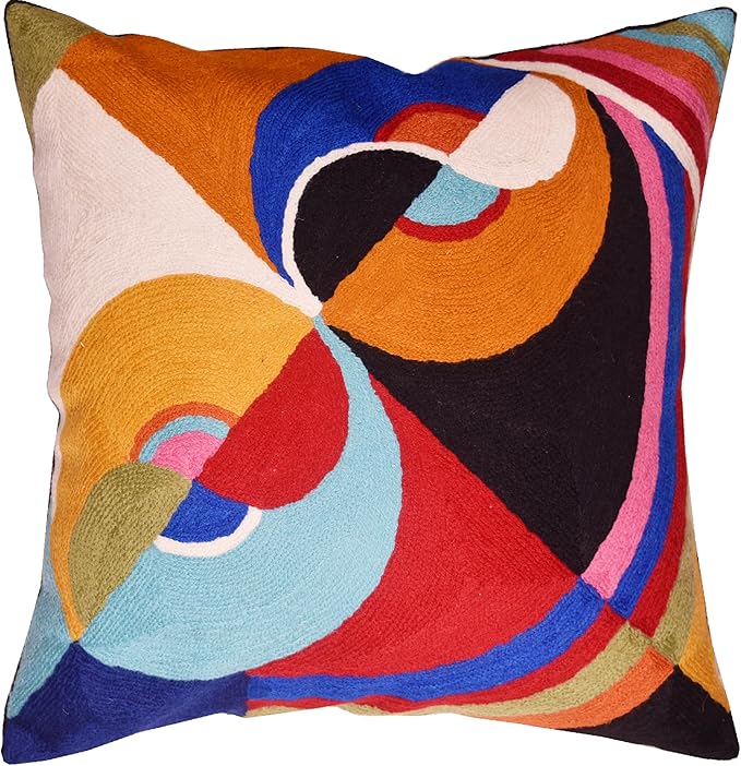 Delaunay Decorative Pillow Cover Joy Modern Couch Pillowcase Contemporary Couch Cushion Abstract Farmhouse Chair Pillowsham Hand Embroidered Wool Size 18x18