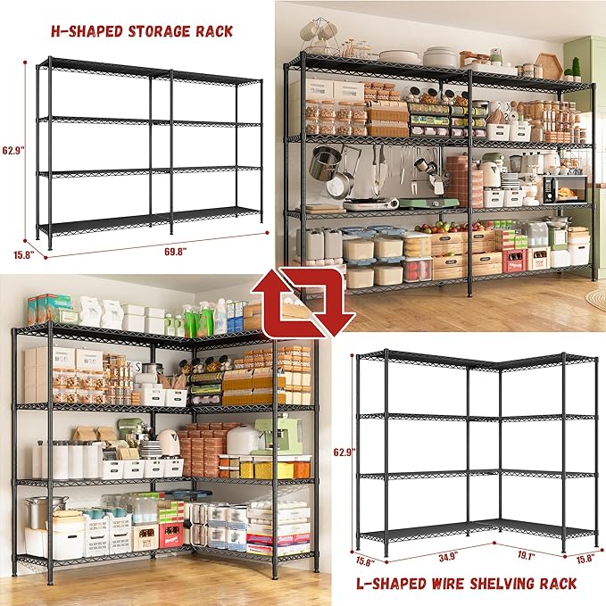 REIBII 69.8" W Storage Shelves 1250LBS Wire Shelving Unit 4 Tier Metal Shelving for Storage Rack Shelves Adjustable Heavy Duty Garage Shelf Pantry Shelves Kitchen Shelving, 69.8"Wx15.8"Dx62.9"H,Black