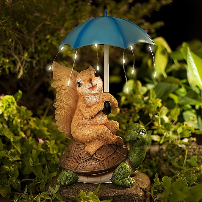 Malister Solar Garden Statue Outdoor Decor - Squirrel Siting on Turtle Statue with String Lights Umbrella for Patio, Garden Decor Garden Art Outdoor Lawn Decor Yard Art, Housewarming Garden Gifts