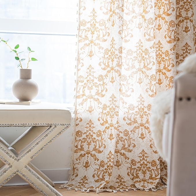 Sutuo Home Boho Curtains for Bedroom Living Room 96 Inches Length Long, Printing Moroccan Cotton Linen Rod Pocket Vibe Farmhouse Bohemian Tassels Window Treatment, 1 Panel 59" W x 96" L, Brown Damask