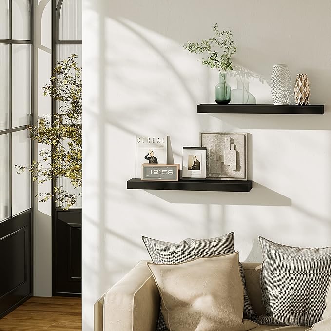 BAMEOS Floating Shelf,Wall Shelf,Decor Wall Mounted Shelves,Hanging Shelf Set L24xW6 for Bathroom Kitchen Living,Kitchen,Room Bedroom Storage,Black