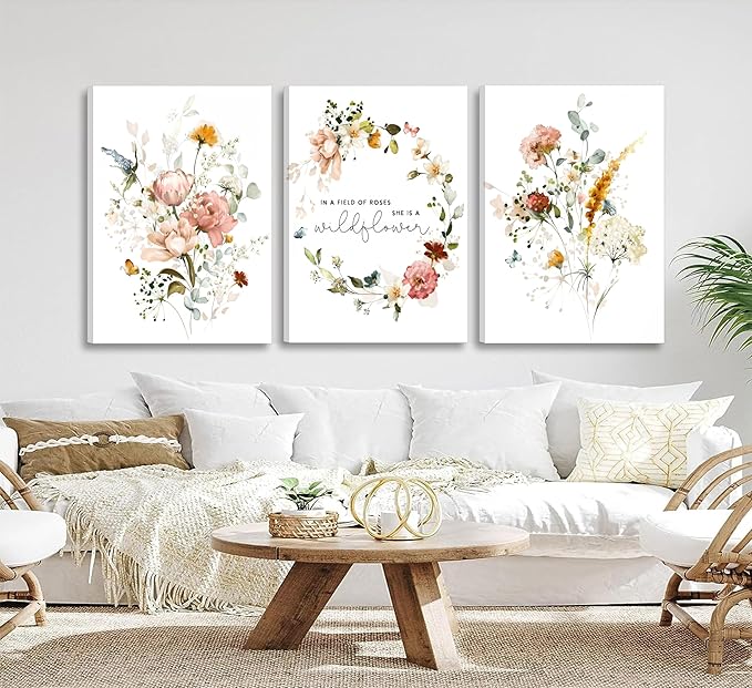 3Pcs Framed Watercolor Flowers Canvas Wall Art In A Field Of Roses She Is A Wildflower Painting Picture Wall Decor Pink wreath Poster Print Artwork for Nursery living room Girls Room Home Decoration