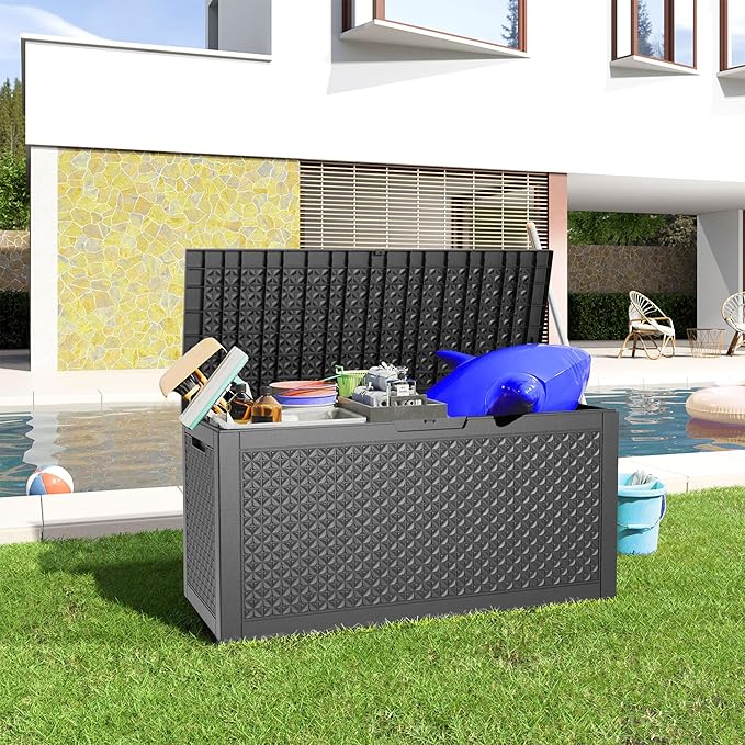100 Gallon Resin Deck Box, Lockable Patio Outdoor Storage Box for Furniture, Garden Tools and Tools Storage, Waterproof Outside Storage Boxes - Patterned black