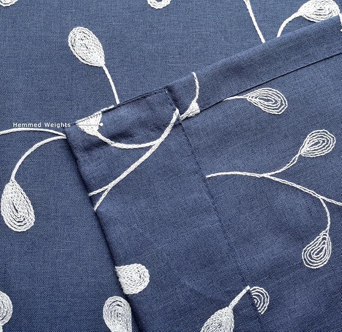 MIUCO Floral Embroidered Semi-Sheer Curtains Faux Linen Grommet Window Panels for Doors 52 x 95 Inch 2 Panels, Navy Blue