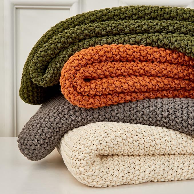 Chunky Cable Knit Throw Blanket Lightweight Burnt Orange 100% Organic Cotton Blanket for Sofa Couch Bed Baby Nursery, Rustic Shabby Chic Modern Farmhouse, 60” x 80” Give Laundering Bag