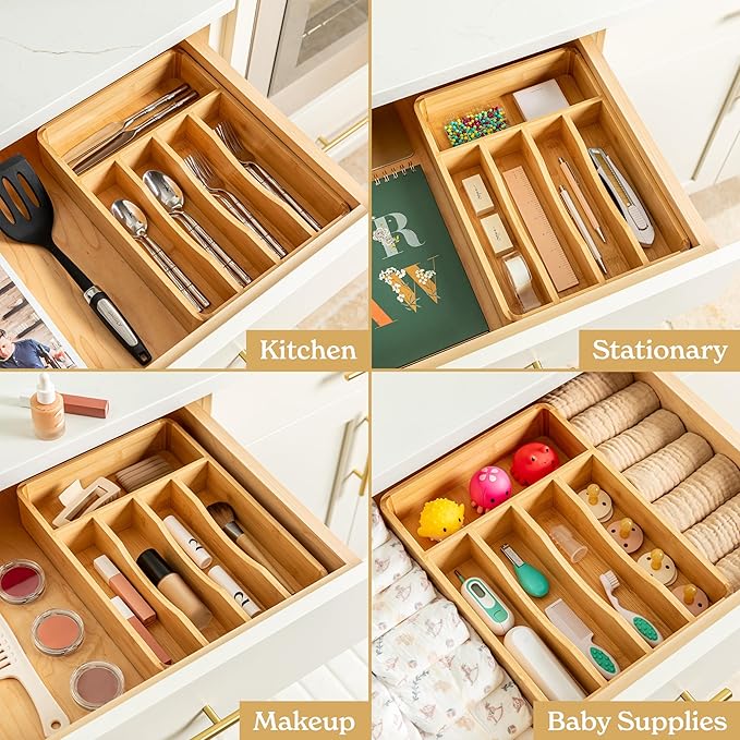 SMIRLY Silverware Drawer Organizer – Bamboo Kitchen Drawer Organizer, Adjustable Utensil Holder and Cutlery Tray, Drawer Dividers for Flatware and Kitchen Utensils