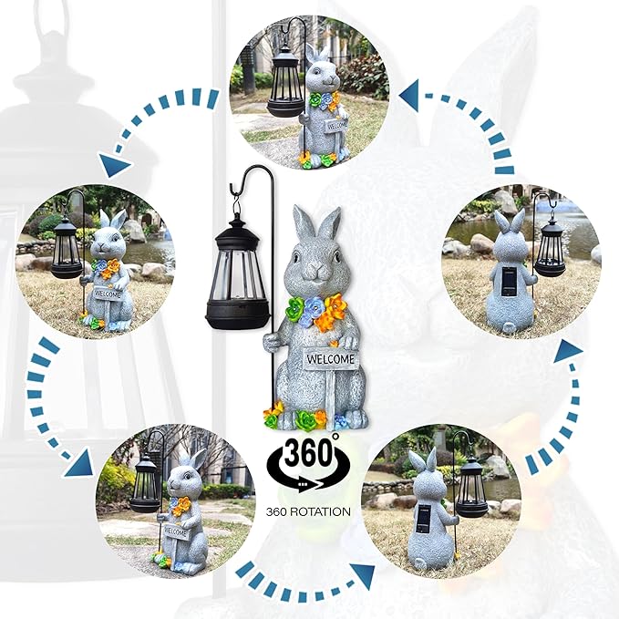 Solar Rabbit Garden Statues Outdoor Décor with Lantern- Rabbit Figurines Solar LED Light Lawn Ornaments - Yard Decorations for Patio, Balcony, Backyard -Unique House Warming Gifts for Mom