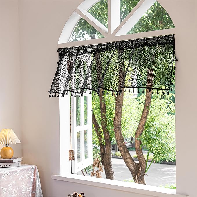 Sutuo Home Black Boho Valance Curtains Crochet Lace Sheer Bohemian Hollow Knitted with Tassels, Privacy Vintage Mid Century Farmhouse Tier for Kitchen, Rod Pocket 1 Panel,59" W x 36" L