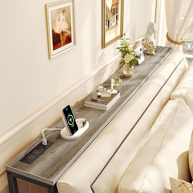 SUPERJARE 70 Inch Console Table with Outlet, Narrow Entryway Table for Living Room, Oak