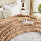 Carriediosa Chunky Knit Throw Blanket 50" X 60", 100% Hand Made Large Chenille Loop Yarn Soft Fluffy Throws for Couch Sofa Bed, Big Crochet Cozy Heavy Thick Cable Woven Blankets, Tan Brown