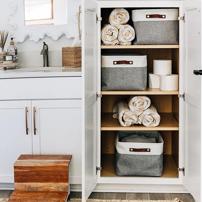 OrganiHaus Extra Large Fabric Storage Baskets for Shelves 3 Pack | 16x13in Closet Storage Bins for Shelves | Cloth Baskets for Organizing | Linen Closet Organizers | Fabric Storage Bin - Gray/White