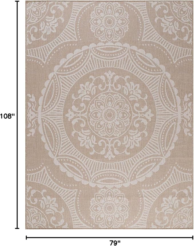 Medallion Outdoor Rug 6x9 Washable Outside Carpet for Indoor Patio Porch Waterproof Easy Cleaning Non Shedding Area Rugs Beige 6 x 9