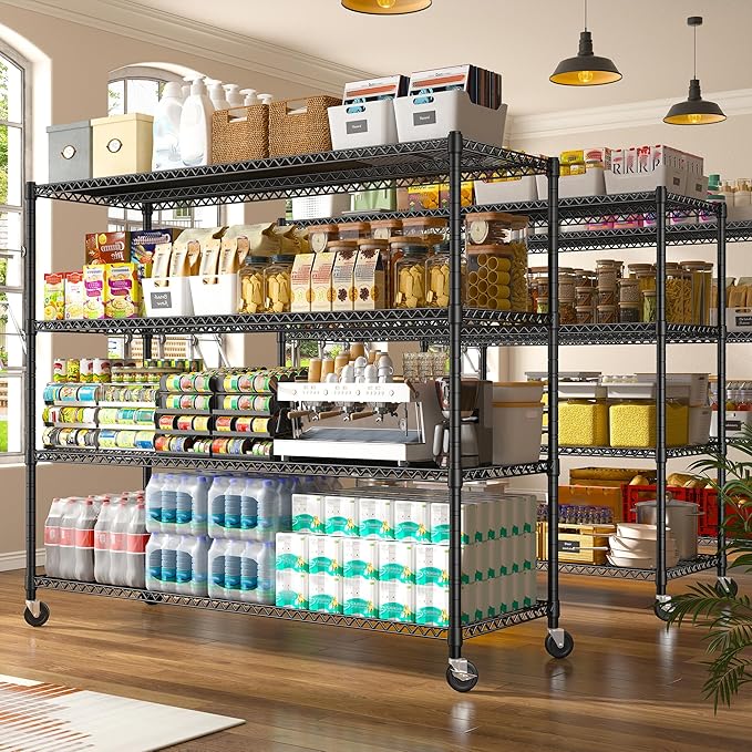 REIBII 60''W Storage Shelves 2399LBS Metal Shelving Unit with Wheels & Feet, 4 Tier Garage Shelving Heavy Duty Adjustable Wire Shelf for Pantry Kitchen Garage, 60" W x 18" D x 65.5" H, 2 Pack
