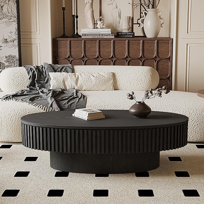 47.2''Oval Coffee Table with Storage, Mid Century Modern Fluted Drum Center Tables with Lid, Solid Wood Side Pedestal Coffee Table Tea Table for Living Room, Bedroom, Apartment-Black