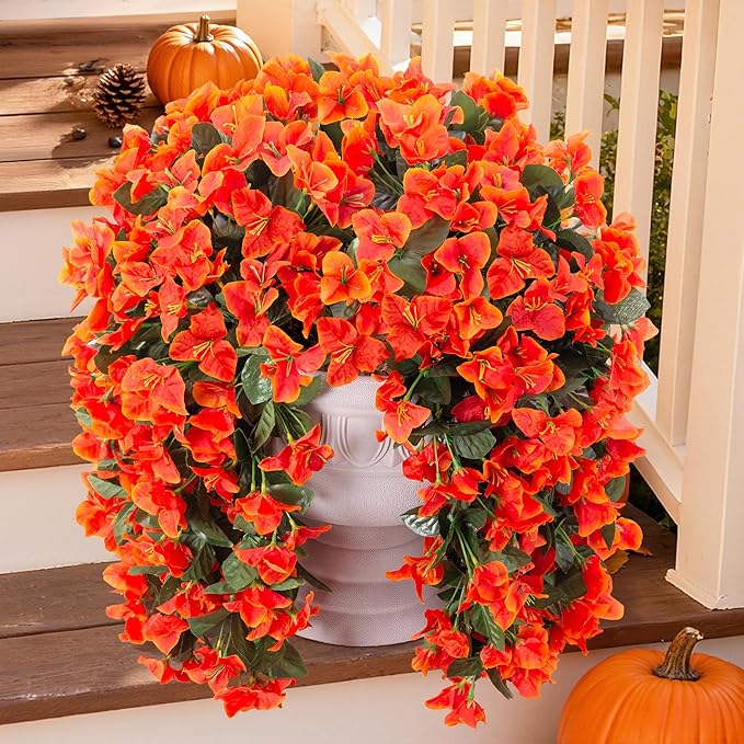 Artificial Bougainvillea Faux Flowers Plants for Outdoors Outside Fall Autumn Decor, 2 PCS Silk Trailing Vines UV Resistant Realistic Orange Fake Flowers for Planter Front Door Porch Patio Balcony