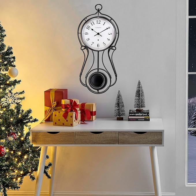 CLXEAST 20 Inch Black Metal Pendulum Wall Clock, Large Schoolhouse Regulator Wall Clocks for Living Room Decor,House Warming Gifts New Home,Gifts for Women