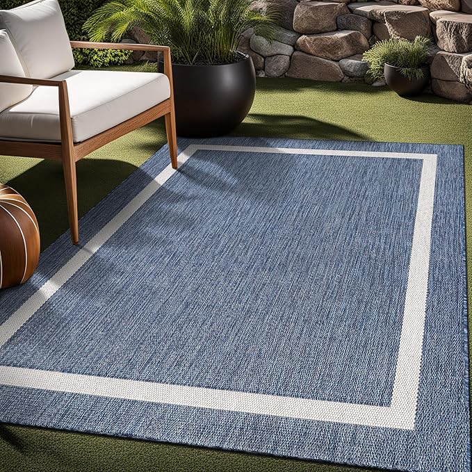 Bordered Outdoor Rug 5x7 Washable Outside Carpet for Indoor Patio Porch Waterproof Easy Cleaning Non Shedding Area Rugs Blue 5 x 7
