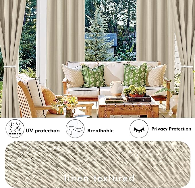 HolidayIdeas Linen Outdoor Curtains for Patio Waterproof-4 Panels Cream Outside Gazebo Curtains 54"x95"-Indoor/Outdoor Curtains Weighted Weatherproof, Privacy for Pergola, Porch, Cabana, Livingroom