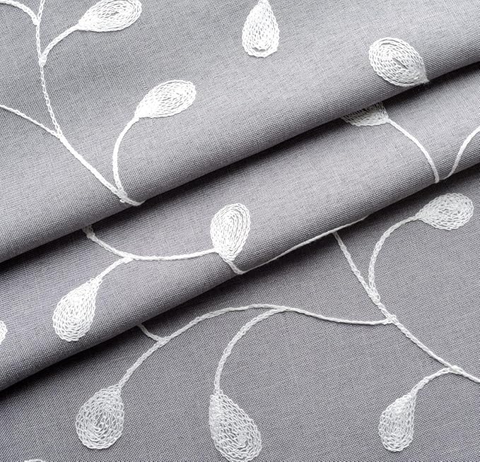 MIUCO Floral Embroidered Semi Sheer Curtains Faux Linen Grommet Curtain Panels for Bedroom 52 x 95 Inch 2 Panels, Grey
