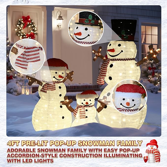 4FT Pop-Up Snowman Family, Pre-Lit Holiday Decoration Sign with 270 LED Lights, Customized Placement Holiday Display for Indoor, Outdoor
