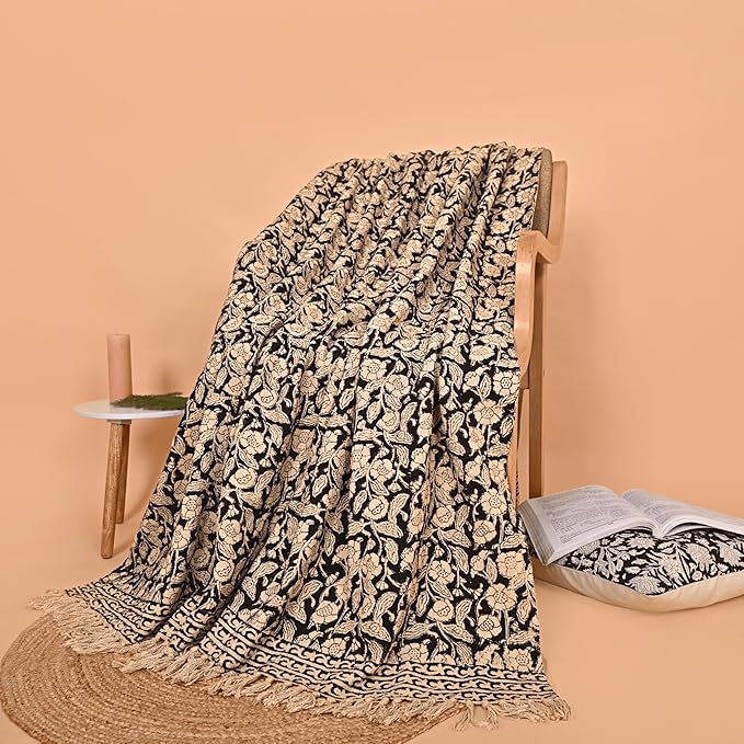 Handmade Cotton Throw Blanket 48x70 Inches | Black & Beige Floral Block Print Decorative Sofa Throw with Tassels | Large Lightweight Cotton Bedspread for Living Room, Couch, or Bedroom
