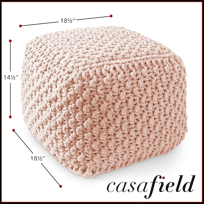 Casafield Square Pouf Ottoman, Light Pink 18.5" W x 18.5" D x 14.5" H Cotton Knit Foot Stool - Boho Floor Pouffe for Living Room, Bedroom, Home Office