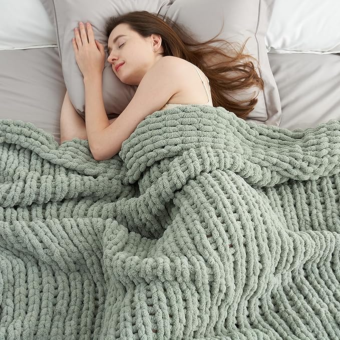 Amélie Home Chunky Knit Throw Blanket for Couch, Soft Chenille Crochet Blanket for Sofa, 50"x60", Sage Green