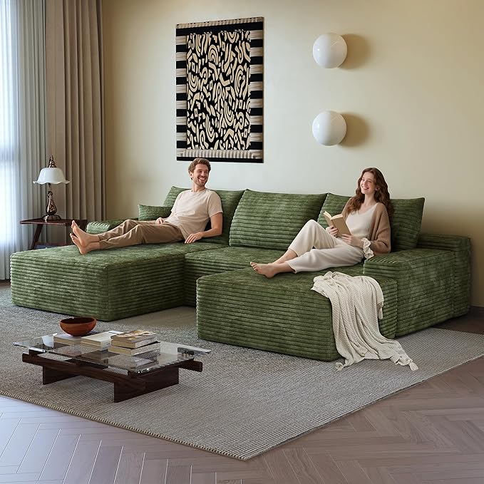 108" Sectional Couches for Living Room Modern Modular Sofa with L-Shape Couchs Upholstered Boneless Couch Deep Seat Sectional Couch with Chaise (Green, Left Facing Chaise+2Seaters+1Ottoman)