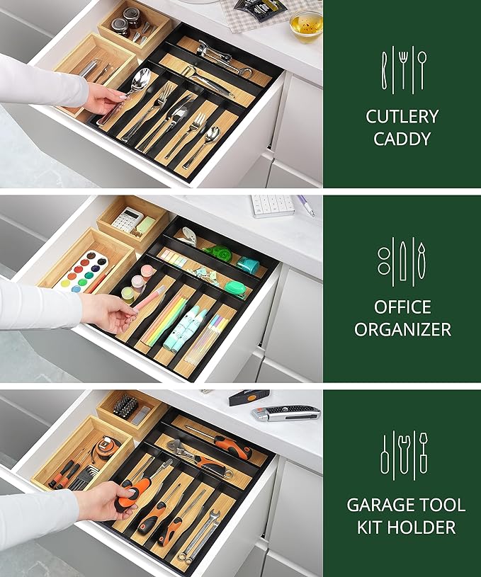 ROYAL CRAFT WOOD Luxury Bamboo Kitchen Drawer Organizer - Silverware Organizer - Utensil Holder and Cutlery Tray with Grooved Drawer Dividers for Flatware and Kitchen Utensils (7 Slot)