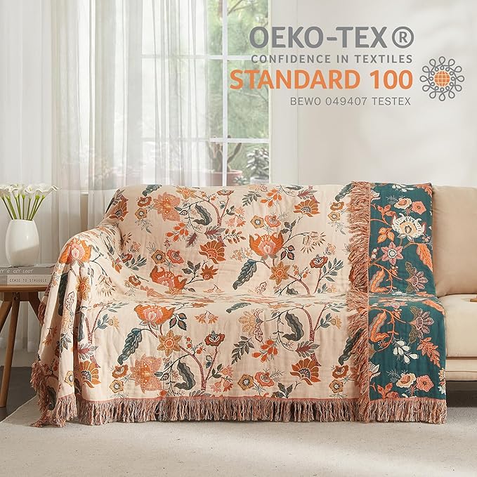 Boho Throw Blanket for Bed 80”x90”, 100% Cotton Woven Blanket for Couch Sofa, Ultra Soft 4-Layer Muslin Quilt with Floral Printed, Farmhouse Bed Blanket/Cover for Living Room Decor