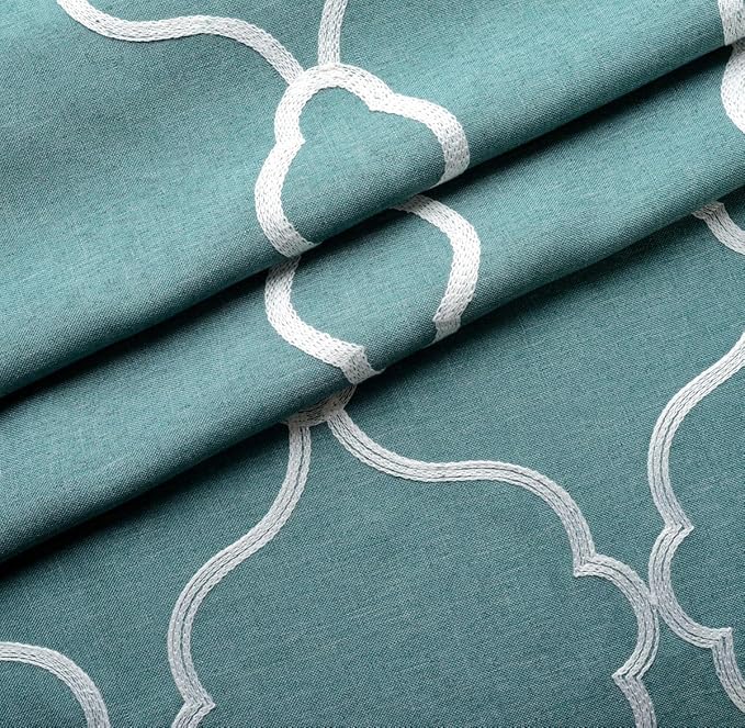 MIUCO Moroccan Embroidered Semi Sheer Curtains Faux Linen Grommet Window Panel Pair for Bedroom 52 x 63 Inch, Teal