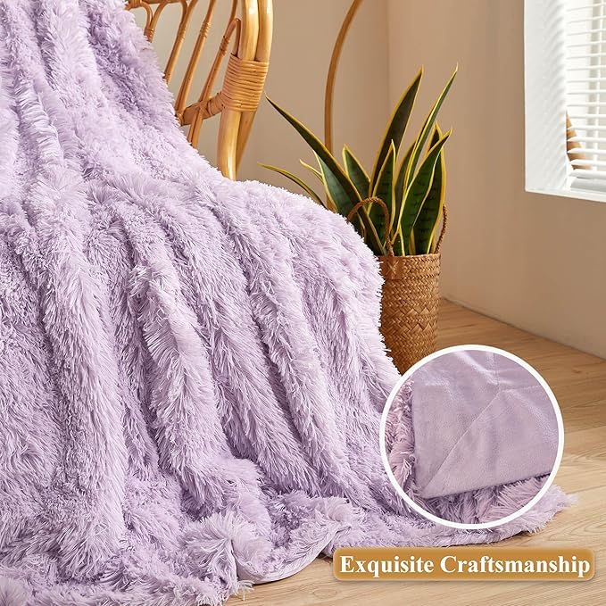 XeGe Luxury Faux Fur Bed Blanket, Soft 60x90 Lavender Fluffy Throw, Shaggy Plush Decorative Couch Blanket, Cute Furry Fuzzy Throw for Bed Bedroom Living Room Light Purple, 60x90